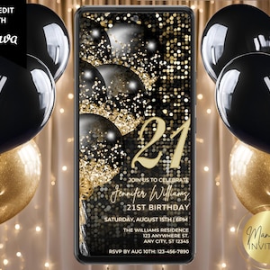 Digital 21st Birthday Black Gold Balloons Party Invitation, Elegant Modern Glam, Electronic Phone Evite, Editable Template, Instant Download
