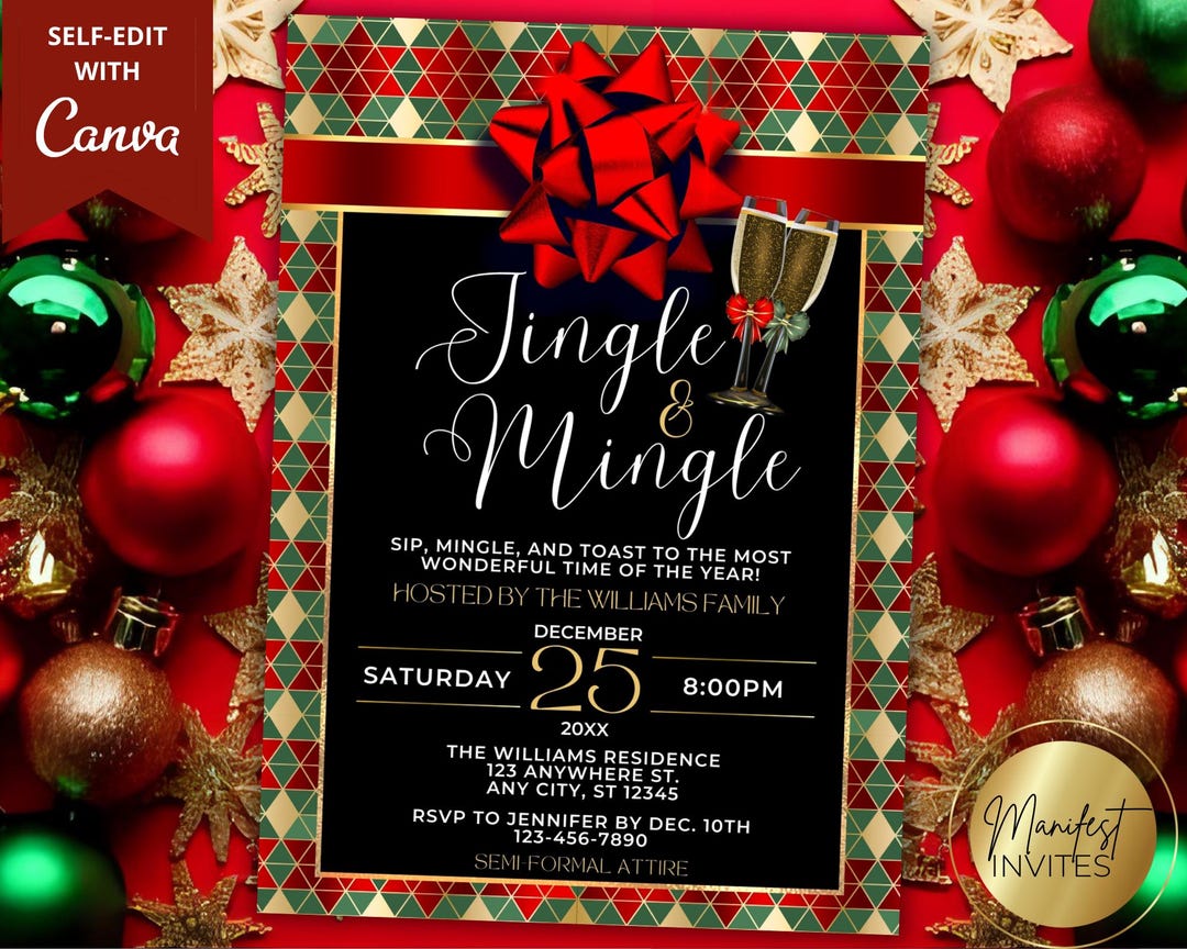 Editable Festive Jingle and Mingle Christmas Holiday Cocktail Party ...