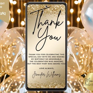 Digital Black Gold Glitter Glam Thank You Card Invitation, Birthday Graduation, Phone Text Evite, Editable Canva Template, Instant Download