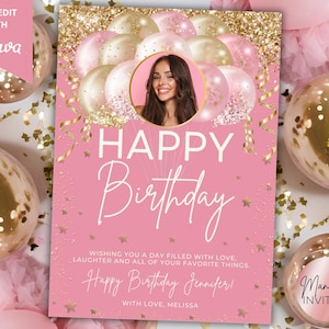 Cartão de feliz aniversário editável com foto de mulheres glamorosas, balões de glitter rosa dourado, cartão para impressão, modelo do Canva, download instantâneo