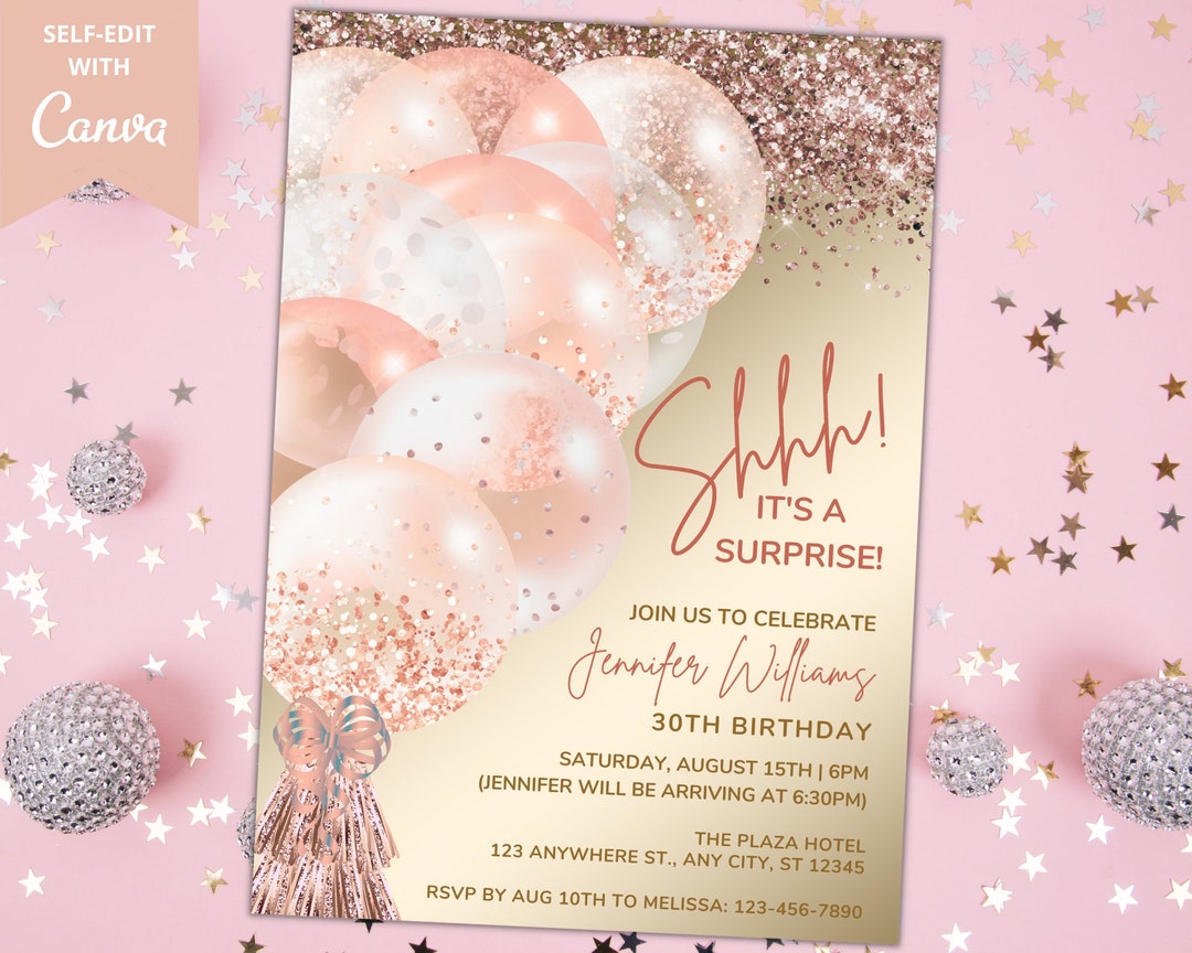 Printable Surprise Birthday Party Pink Rose Gold Glitter Balloons Invitation, Shhh It's a ...