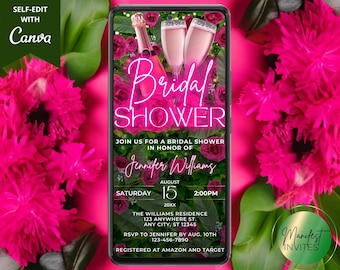 Invito digitale per addio al nubilato, brunch nuziale, champagne, verde floreale rosa neon, modello modificabile, invito telefonico, download immediato