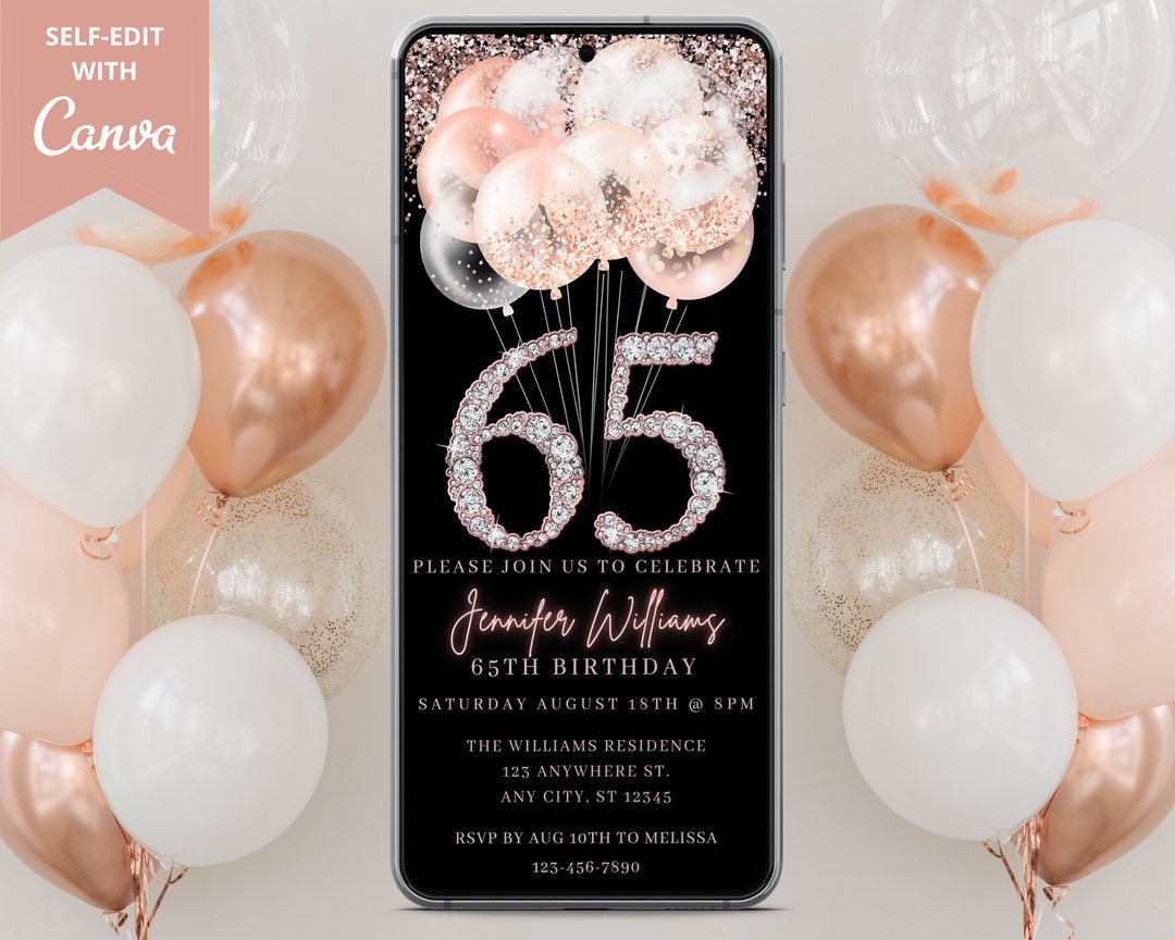 Invitación digital de 65 cumpleaños, invitación electrónica de fiesta ...