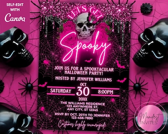 May include: A pink and black Halloween party invitation with the words "Let's Get Spooky" in neon pink. The invitation includes a skull, roses, bats, and spiderwebs. The text reads "Join us for a Spooktacular Halloween Party!" and includes party details.