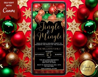 Digitale Jingle und Mingle Weihnachten Urlaub Party Einladung, festliche rot grün Gold Ornamente, Evite, bearbeitbare Vorlage, Sofort Download