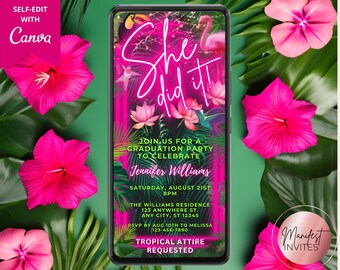 Digital Tropical Pink Neon Graduation Party Invitation, She Did It, Grad Announcement, Phone Text Evite, Editable Template, Instant Download