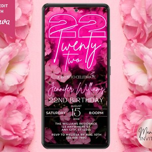 Digital Glam 22nd Birthday Party Pink Neon Floral Invitation, Elegant Women's Birthday Invite, Phone Evite, Editable Canva Template, PF01
