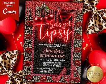Editable Cheetah Cherry Let's Get Tipsy Birthday Party Invitation, Printable Glam Girls Night Out, Leopard Martini, Editable Canva Template