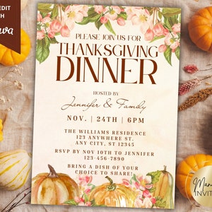 Editable Rustic Thanksgiving Gathering Fall Dinner Party Invitation, Printable Card and Digital Evite, Editable Template, Instant Download