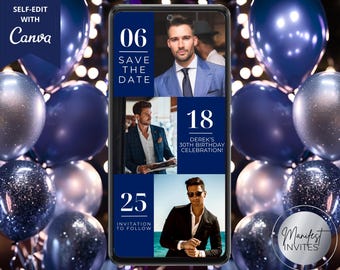 Digital Modern Navy Blue Birthday Save the Date Photo Invitation, Party Announcement, Phone Text Evite, Editable Template, Instant Download