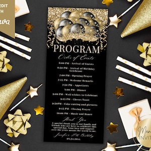 Pode incluir: Um programa de aniversário preto e dourado com o texto "PROGRAM" e "Order of Events". O design inclui confetes dourados, balões e elementos decorativos. O programa é cercado por decorações de festa douradas.