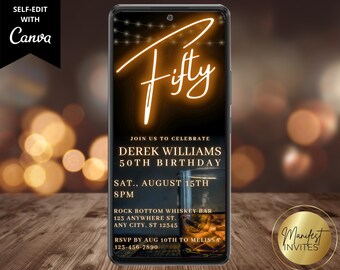 Digitale uitnodiging 50e verjaardag mannen 50e verjaardag whisky, elektronische telefoontekst Evite, bewerkbare canva-sjabloon, instant download, WM42