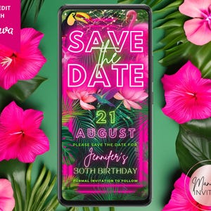 Digital Pink Neon Tropical Save the Date Invitation, Any Occasion, Summer Caribbean Luau Birthday, Editable Template, Instant Download