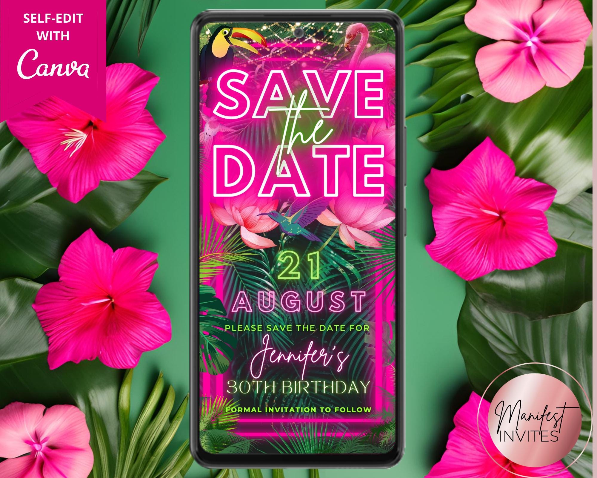 Digital Pink Neon Tropical Save the Date Invitation, Any Occasion, Summer Caribbean Luau Birthday, Editable Template, Instant Download