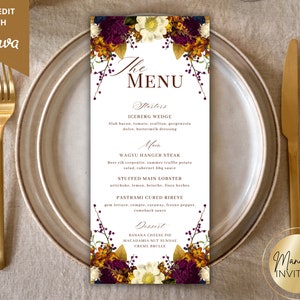 Modèle de carte modifiable pour le dîner de Thanksgiving, élégant menu de fête de Thanksgiving pour les vacances d'automne, fleurs bourgogne, téléchargement immédiat
