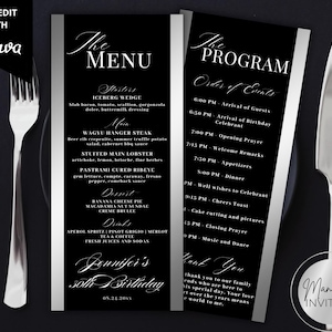 May include: Black and silver event menu and program cards with a fork and knife. The menu lists starters, main courses, dessert, and drinks. The program outlines the order of events for the celebration. The text reads "Jennifer's 30th Birthday".