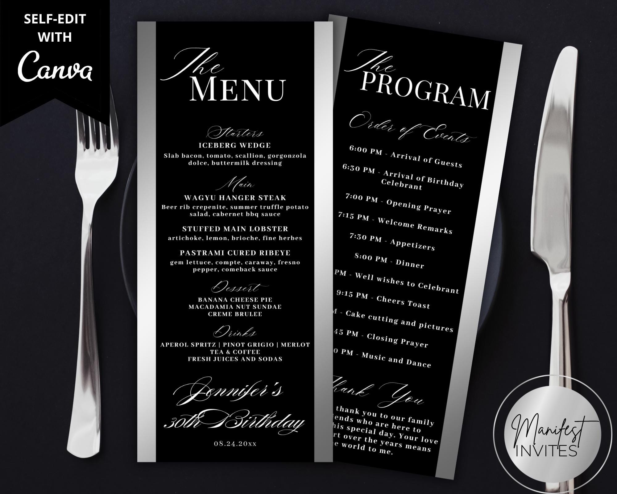 Editable Modern Black Silver Menu and Event Program Card Template ...