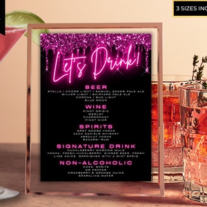 Bearbeitbare Let's Drink Pink Glitter Drip Neon Bar Menüvorlage, druckbare Signatur Drink Cocktail Schild, Tischschild, Sofort Download, PGD7