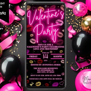 Digital Valentine&#39;s Day Party Invitation, Couple&#39;s Party, Pink Neon Lipstick Kisses, Phone Evite, Editable Canva Template, Instant Download