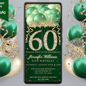 Digital 60th Birthday Party Green Gold Diamond Glitter Balloons Invitation, Electronic Phone Text Evite, Editable Template, Instant Download