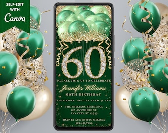 Digital 60th Birthday Party Green Gold Diamond Glitter Balloons Invitation, Electronic Phone Text Evite, Editable Template, Instant Download