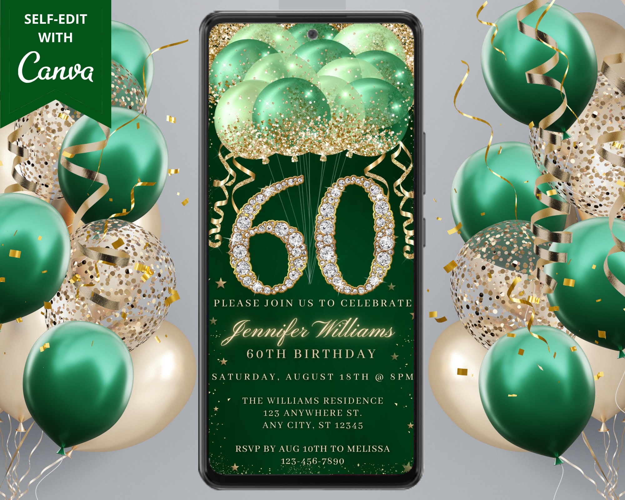 Digital 60th Birthday Party Green Gold Diamond Glitter Balloons ...