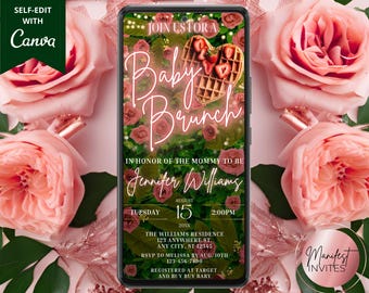 Digital Baby Brunch Girl Baby Shower Invitation, Pink Rose Gold Neon Floral Greenery, Phone Text Evite, Editable Template, Instant Download