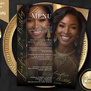 May include: A custom menu card for a 30th birthday celebration. The design features a portrait of a woman, gold accents, and a detailed menu. The text includes "Jennifer's 30th Birthday" and "Manifest Invites."