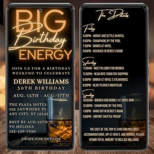 Digital Men&#39;s Birthday Getaway Weekend Whiskey Itinerary Invitation, Big Birthday Energy, Electronic Phone Evite, Editable Template, WM42