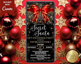 Puede incluir: Una invitación digital para una fiesta de intercambio de regalos de Secret Santa. El diseño presenta un fondo negro con copos de nieve dorados y un lazo rojo. El texto incluye los detalles de la fiesta y la información de RSVP. La invitación está rodeada de adornos navideños.