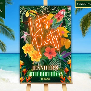 Editable Tropical Hawaiian Luau Birthday Let&#39;s Party Welcome Sign, Orange Neon, Printable Poster Sign, Editable Template, Instant Download