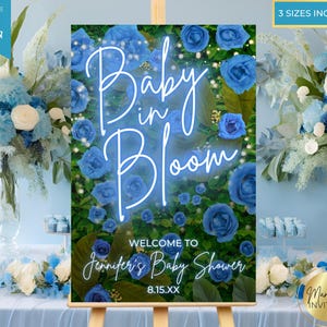 Editable Baby In Bloom Blue Floral Greenery Baby Shower Welcome Sign, Printable Boy Shower Sign Decor, Canva Template, Instant Download