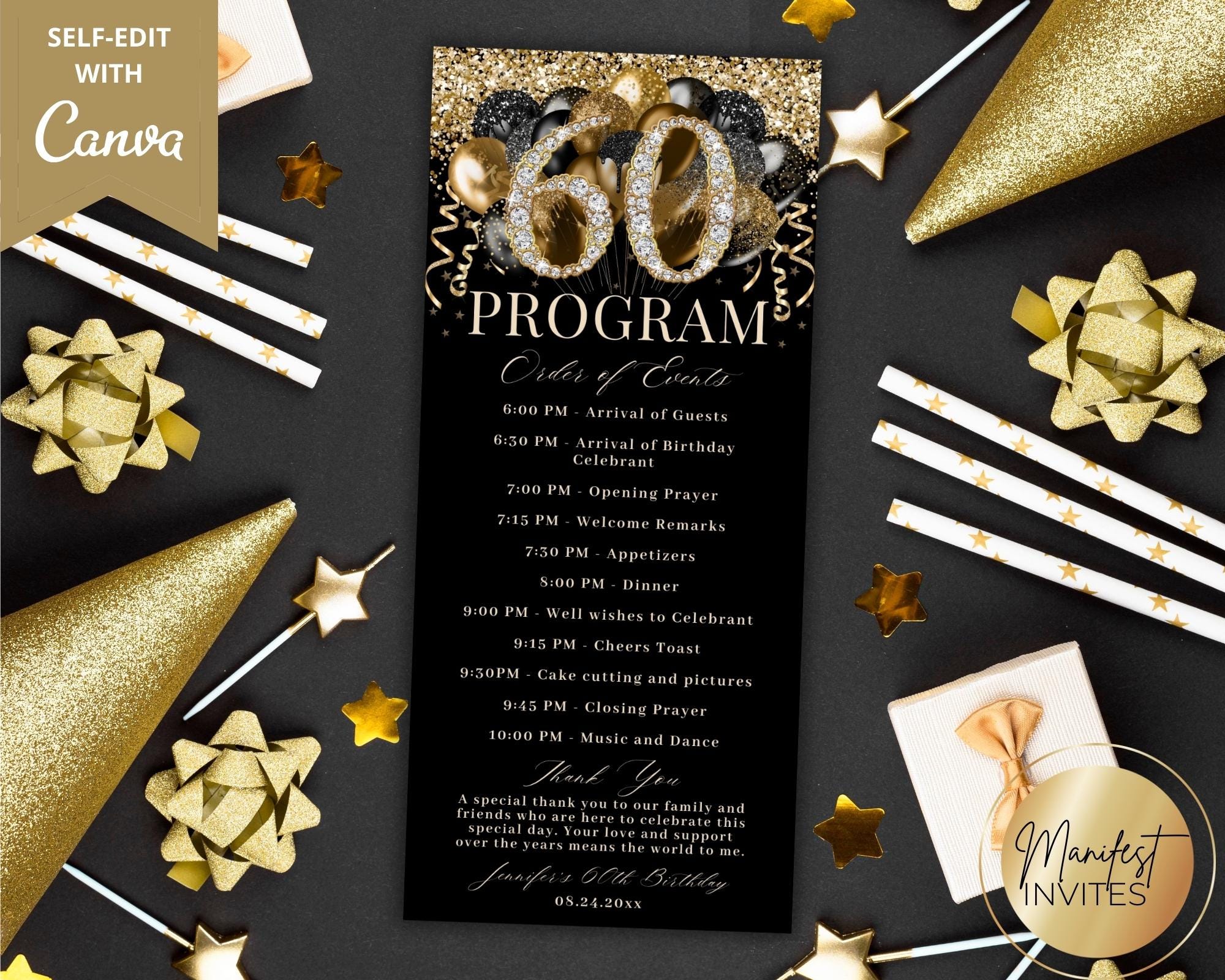 60th Birthday Program With Thank You Note, Glam Diamond Black Gold ...