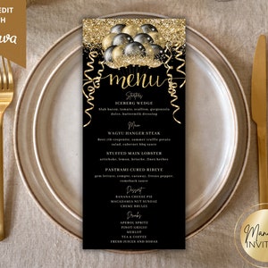 Carte de menu modifiable pour le dîner d'anniversaire de ballons scintillants d'or noir, menu imprimable d'événement et carte de boisson, modèle modifiable, téléchargement immédiat