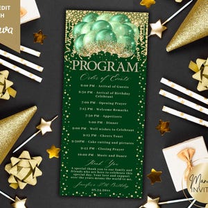Può includere: Un programma di compleanno verde e oro con il testo "PROGRAMMA Ordine degli Eventi" e un elenco delle attività previste. Il design include palloncini verdi, dettagli dorati e il testo "Manifest Invites".