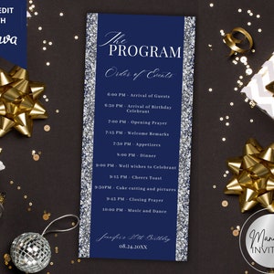 Bearbeitbare Blau Silber Glitter Geburtstag Event Programm Kartenvorlage, Geburtstag Dinner Party Reiseplan, Tischprogramm, Sofort Download