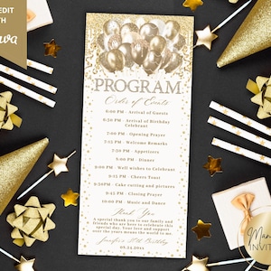Pode incluir: Um programa de aniversário dourado e branco com um gráfico de balões. O programa lista a ordem dos eventos, incluindo a chegada dos convidados, o jantar e a música. As palavras "Manifest Invites" também são visíveis.