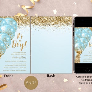 Editable Blue Gold Glitter Balloons Boy Baby Shower Invitation, It's a ...