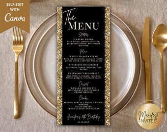 Bearbeitbare Schwarz Gold Geburtstagsmenükarte, Elegante Geburtstagsessenparty, Glam Tischdekoration, druckbare Canva Vorlage, Sofort Download