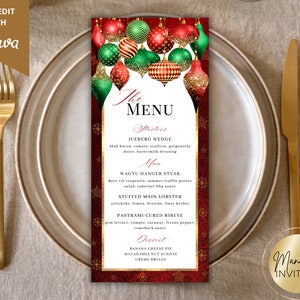 Edytowalny szablon karty menu na przyjęcie świąteczne, drukowane menu świąteczne, świąteczna karta menu świątecznego, elegancka karta menu, natychmiastowe pobieranie