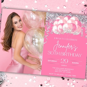Bearbeitbares Foto rosa Silber Glitzer Luftballons Geburtstag Party Einladung, druckbare Karte und Evite, bearbeitbare Vorlage, sofortiger Download