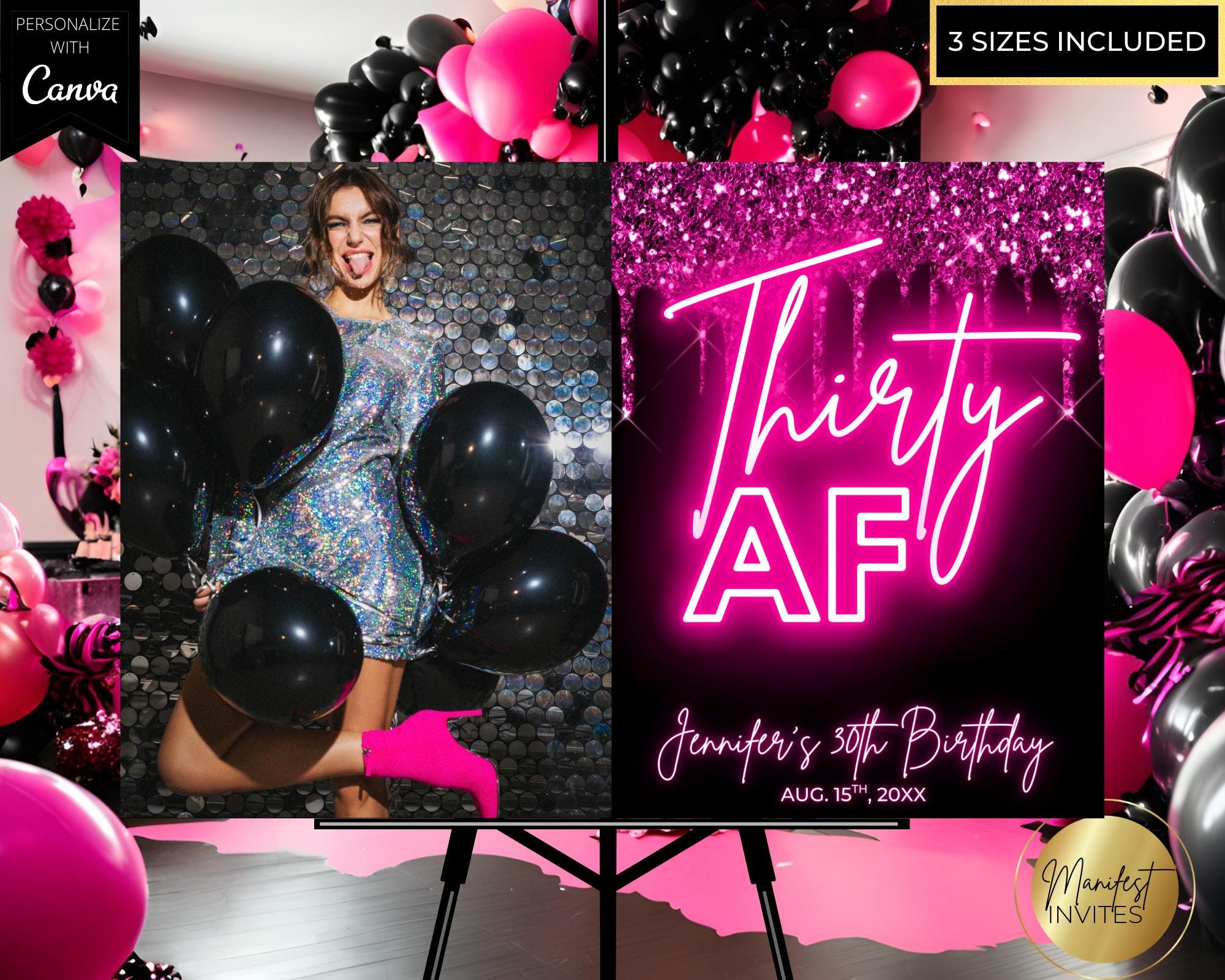 Thirty Af Editable Thirty AF 30th Birthday Photo Welcome Sign, Glam Neon Pink ...