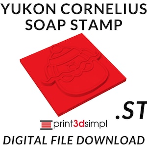 May include: Red plastic 3D printed soap stamp of a snowman wearing a hat. The stamp is labelled "Yukon Cornelius Soap Stamp" and "print3dsimpl" with the file type ".STL" and the text "DIGITAL FILE DOWNLOAD".