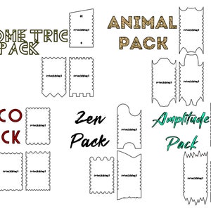 May include: A digital download of 10 different geometric shapes, including a rectangle, a square, and a triangle. The shapes are outlined in black and have a white interior. The text "Geometric Pack" is written in gold letters with a black outline. The text "Deco Pack" is written in red letters with a black outline. The text "Zen Pack" is written in black letters with a white outline. The text "Animal Pack" is written in gold letters with a black outline. The text "Amplitude Pack" is written in turquoise letters with a black outline.