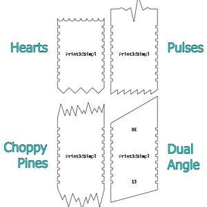 May include: Four black and white outlines of different shapes with the text "Print3dSimp1" inside each shape. The shapes are labeled "Hearts", "Pulses", "Choppy Pines", and "Dual Angle".