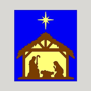 Puede incluir: Un fondo azul con una estrella amarilla y una silueta marrón de un pesebre con una estrella encima. Dentro del pesebre hay dos figuras, una arrodillada y otra de pie, con una pequeña figura en una cesta entre ellas.
