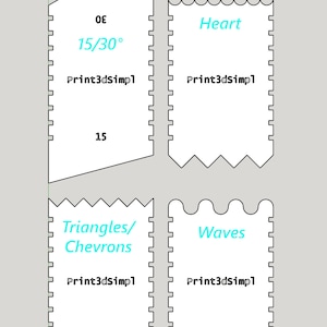 May include: Four different printable 3D model designs: a triangle, a heart, a wave, and a chevron. Each design is labeled with its name and includes the text "Print3dsimpl".