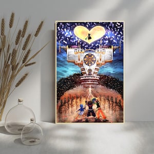 May include: A framed art print featuring a fantasy scene with a large heart-shaped moon and a detailed architectural structure. Three characters stand on a rocky landscape, with a dramatic sky and lightning bolts. The artwork has a warm color palette.