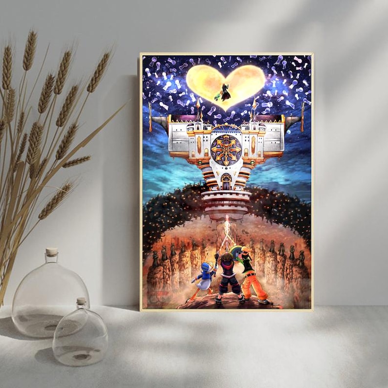 May include: A framed art print featuring a fantasy scene with a large heart-shaped moon and a detailed architectural structure. Three characters stand on a rocky landscape, with a dramatic sky and lightning bolts. The artwork has a warm color palette.