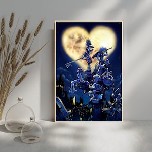 May include: A framed art print featuring a digital illustration of characters from the Kingdom Hearts video game series. The artwork depicts the characters silhouetted against a heart-shaped moon, with a cityscape below.